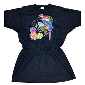 Vintage Cancun Parrot Tee Dress Art Style‎ Black Cinched Waist Vibe Beach